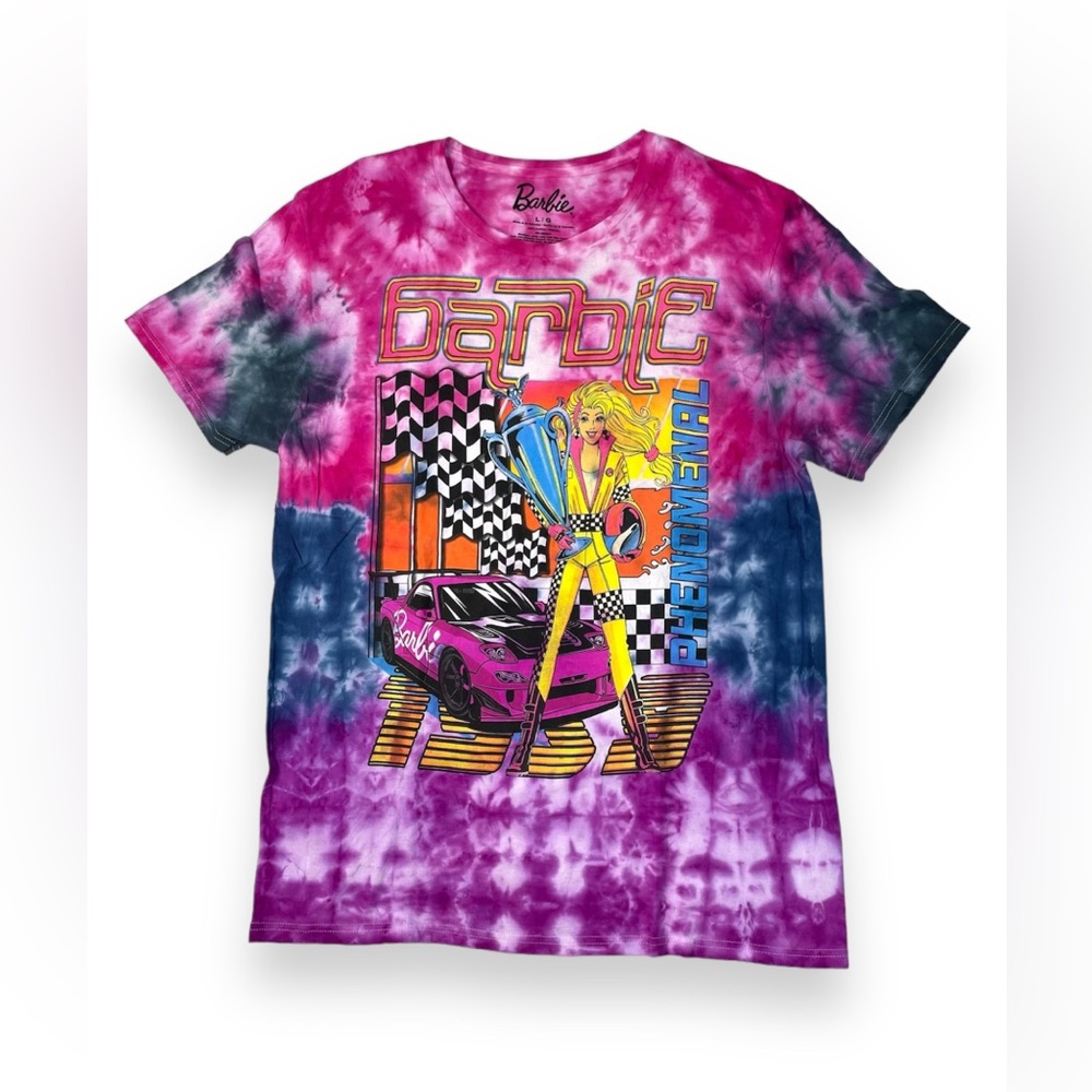 Custom Hand Tie-dyed Barbie Race Car Graphic Tee - Sz L